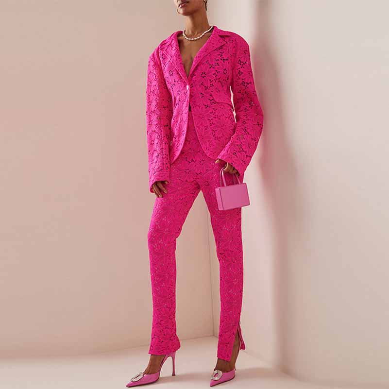 Women Hot Pink Lace One Button Suit Fitted Blazer + Lined Pencil Trousers Pants Suit / Wedding Suit / Party Set