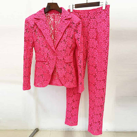 Women Hot Pink Lace One Button Suit Fitted Blazer + Lined Pencil Trousers Pants Suit / Wedding Suit / Party Set