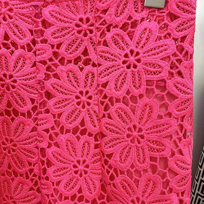 Women Hot Pink Lace One Button Suit Fitted Blazer + Lined Pencil Trousers Pants Suit / Wedding Suit / Party Set