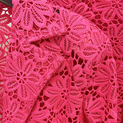 Women Hot Pink Lace One Button Suit Fitted Blazer + Lined Pencil Trousers Pants Suit / Wedding Suit / Party Set