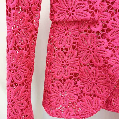 Women Hot Pink Lace One Button Suit Fitted Blazer + Lined Pencil Trousers Pants Suit / Wedding Suit / Party Set