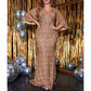 Short Sleeve Gold Prom Dress Sequin V Neck Maxi Evening Dress