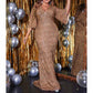 Short Sleeve Gold Prom Dress Sequin V Neck Maxi Evening Dress