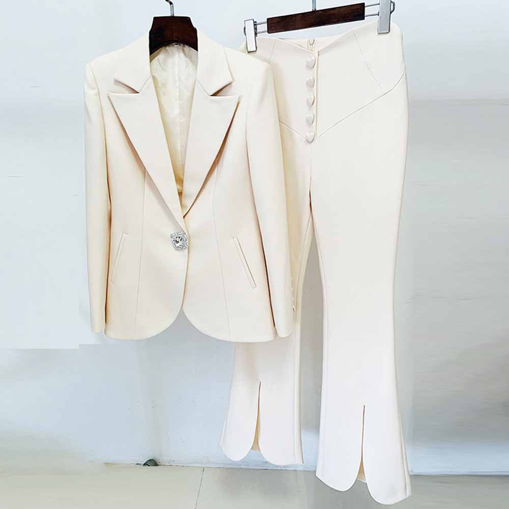 Women Invory Pantsuits One Button Flare Bottoms Two Pieces Pants Set