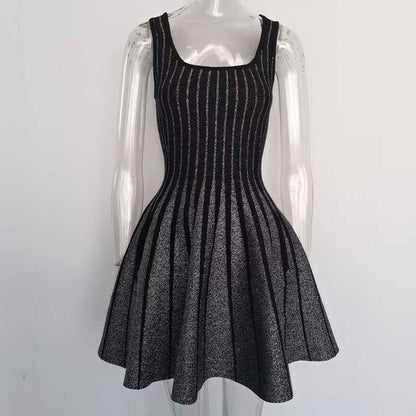 Knitted Mini Little Black Dress Square-Neck Sleeveless Slim Fit Short A-Line Dress