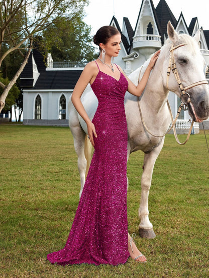 Sequin V-Neck Maxi Dress High Slit Party Gown for Special Events