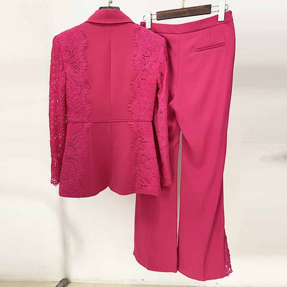 Women Hot Pink Light Pink Pantsuit Lace High Waist Fitted Blazer + Flare Trousers Pants Suit / Wedding Suit