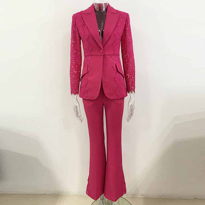Women Hot Pink Light Pink Pantsuit Lace High Waist Fitted Blazer + Flare Trousers Pants Suit / Wedding Suit