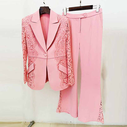 Women Hot Pink Light Pink Pantsuit Lace High Waist Fitted Blazer + Flare Trousers Pants Suit / Wedding Suit