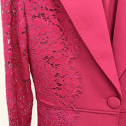 Women Hot Pink Light Pink Pantsuit Lace High Waist Fitted Blazer + Flare Trousers Pants Suit / Wedding Suit
