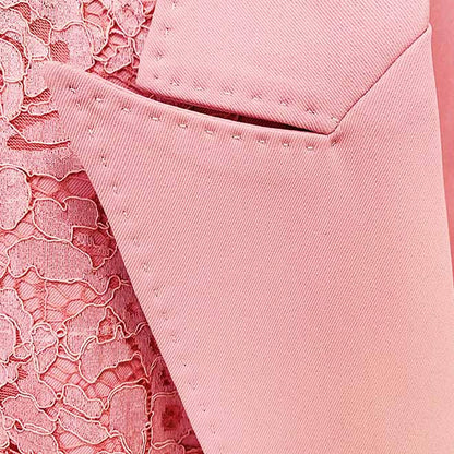 Women Hot Pink Light Pink Pantsuit Lace High Waist Fitted Blazer + Flare Trousers Pants Suit / Wedding Suit