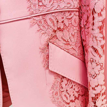 Women Hot Pink Light Pink Pantsuit Lace High Waist Fitted Blazer + Flare Trousers Pants Suit / Wedding Suit