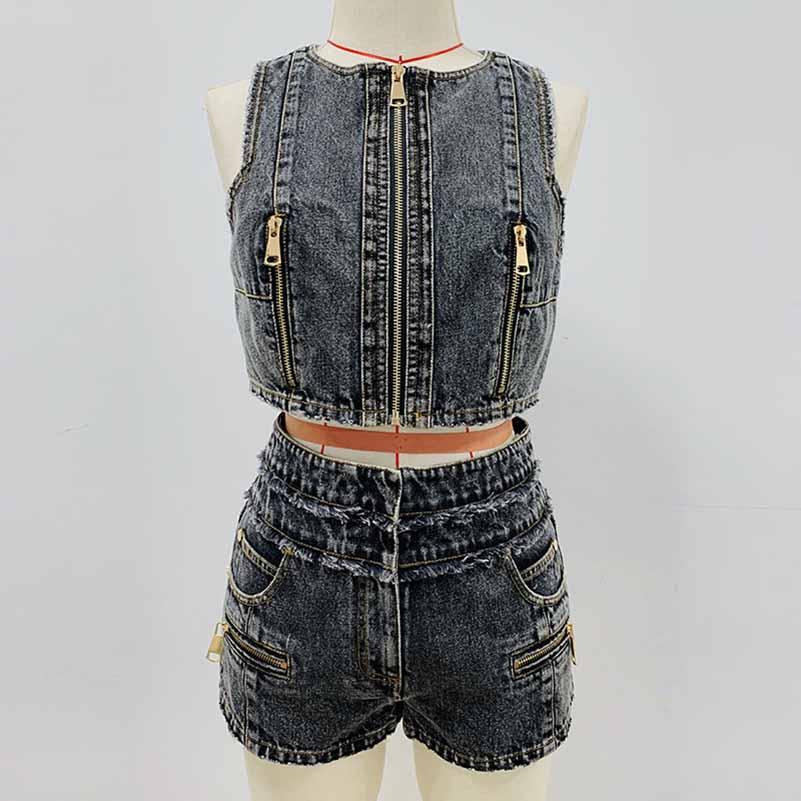 High-Waisted Faded Denim Tank Top + Shorts Suit