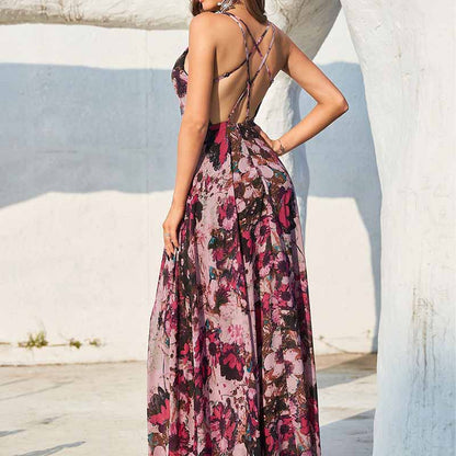 Womens Black and Pink Floral-Printed Maxi Dress
