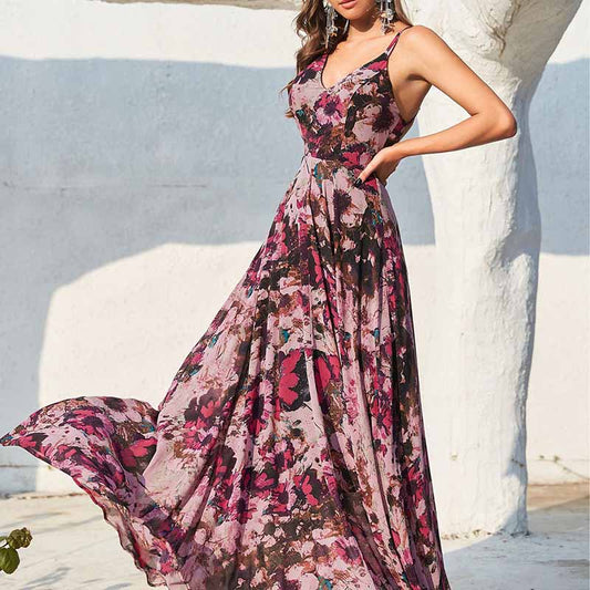 Womens Black and Pink Floral-Printed Maxi Dress