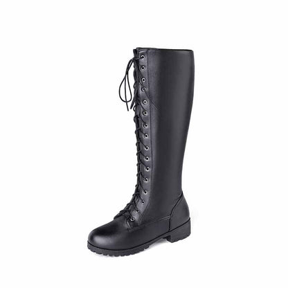 Women's lace up knee high boots plus size low heel boots