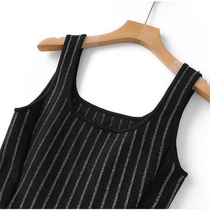 Knitted Mini Little Black Dress Square-Neck Sleeveless Slim Fit Short A-Line Dress