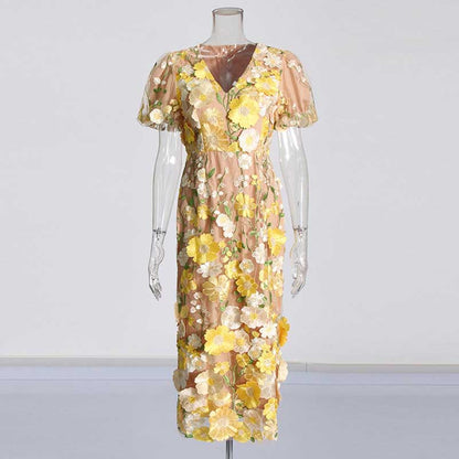 3D Flower Midi Dress Puff Sleeve Embroidered Midi Length Dress