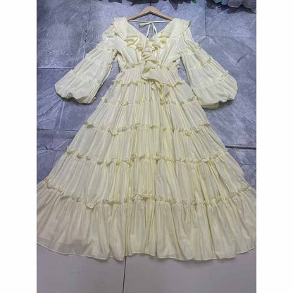 Long Sleeve Red Ruffles V-Neck Maxi Dress