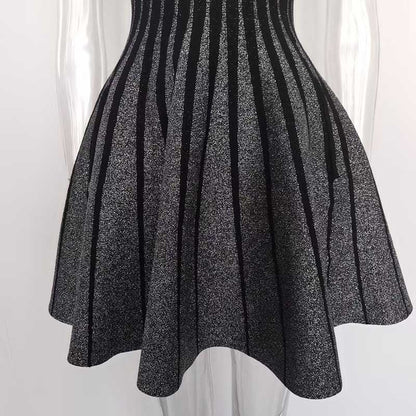 Knitted Mini Little Black Dress Square-Neck Sleeveless Slim Fit Short A-Line Dress
