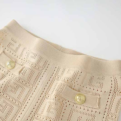 Women's openwork monogram knit mini suit 2 pieces knitted shorts suit