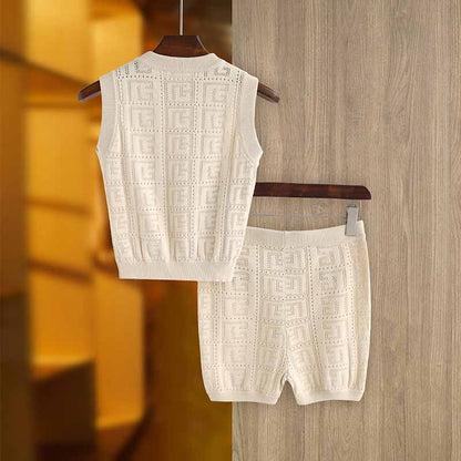 Women's openwork monogram knit mini suit 2 pieces knitted shorts suit
