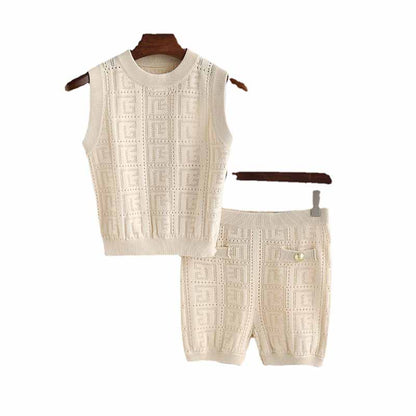 Women's openwork monogram knit mini suit 2 pieces knitted shorts suit