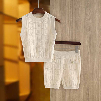 Women's openwork monogram knit mini suit 2 pieces knitted shorts suit