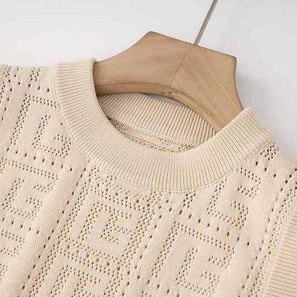 Women's openwork monogram knit mini suit 2 pieces knitted shorts suit