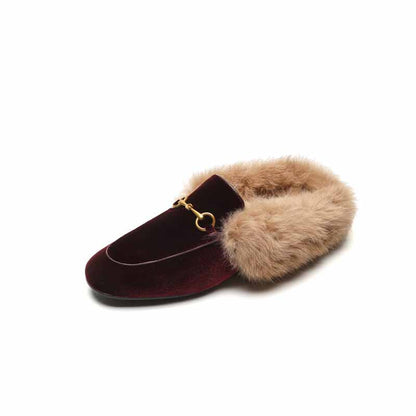 Ladies flat heeled winter shoes lined with rabbit fur slippers