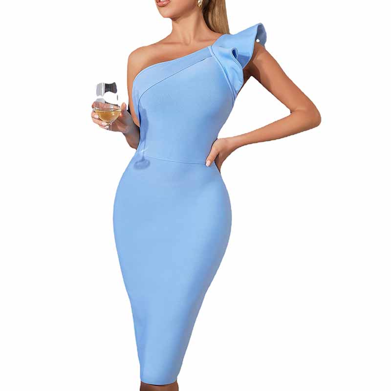 One Shoulder Ruffle Dress Side Split Bodycon Bandage Dress Wedding Guest Dress