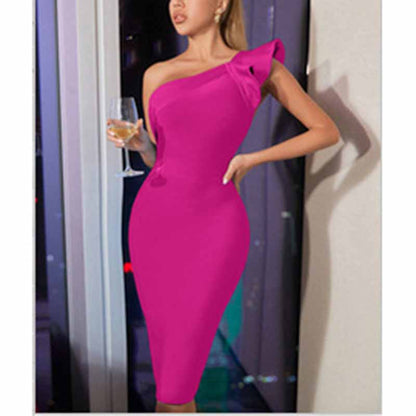 One Shoulder Ruffle Dress Side Split Bodycon Bandage Dress Wedding Guest Dress