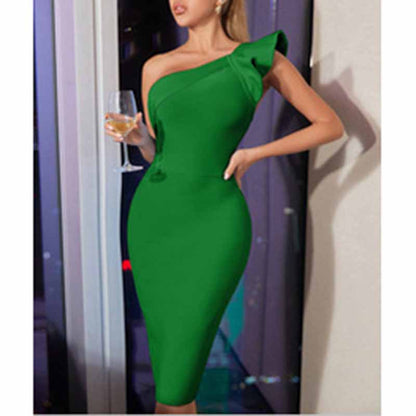 One Shoulder Ruffle Dress Side Split Bodycon Bandage Dress Wedding Guest Dress