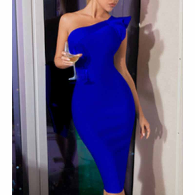 One Shoulder Ruffle Dress Side Split Bodycon Bandage Dress Wedding Guest Dress