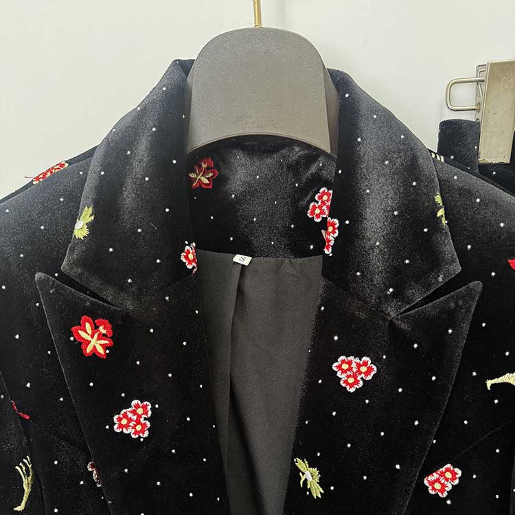 Black Velvet Floral Embroidered Blazer Flared Formal Suit