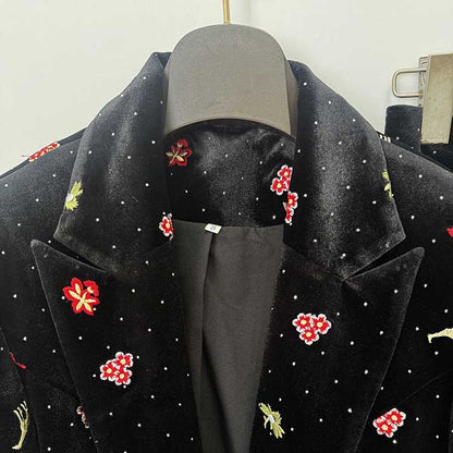 Black Velvet Floral Embroidered Blazer Flared Formal Suit