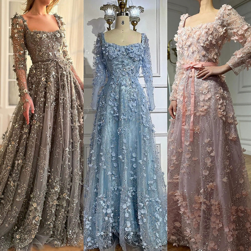 Long Sleeve Floral Tulle Evening Dress Prom Gown for Wedding Banquet