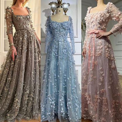 Long Sleeve Floral Tulle Evening Dress Prom Gown for Wedding Banquet