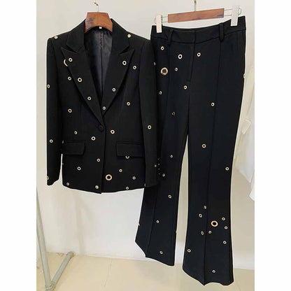 Women One Button Pantsuit Fitted Blazer + Flare Long Trousers Suit Pants Suit