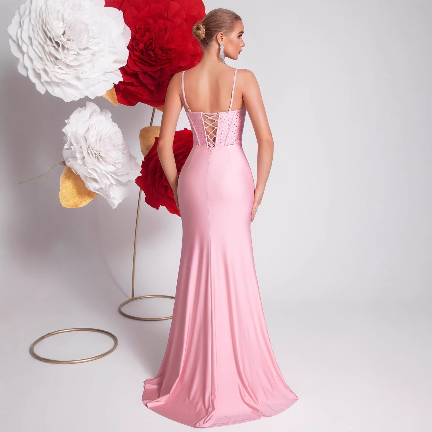 Pink Evening Gown – Crystal Appliques High Slit Mermaid Dress for Formal Events & Prom