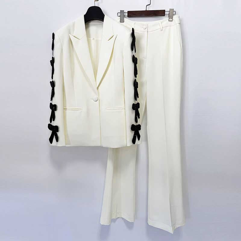 White Blazer Formal Set Black Bow Cut-Out Sleeves Flared Leg Pantsuit