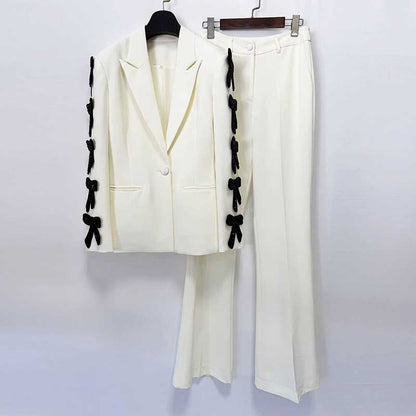 White Blazer Formal Set Black Bow Cut-Out Sleeves Flared Leg Pantsuit