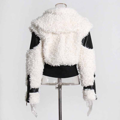 Women's Winter Coat Spliced PU Leather and Lambwoolen Outwaer Coat