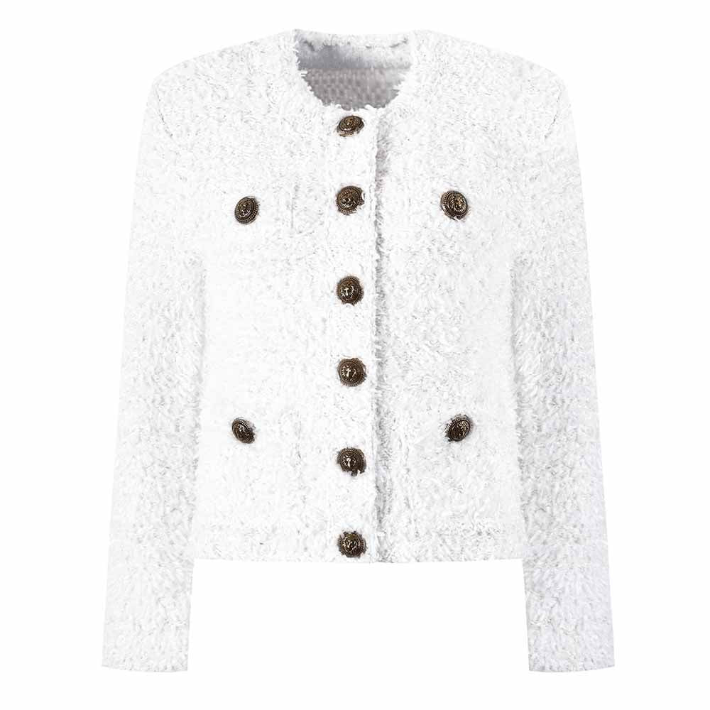 White Collarless Four-Pocket Jacket Knitted Woolen Cardigan Coat