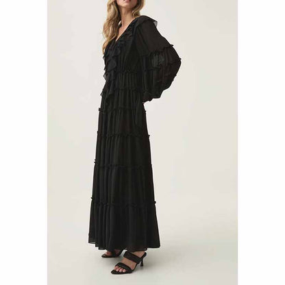 Long Sleeve Red Ruffles V-Neck Maxi Dress