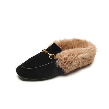 Ladies flat heeled winter shoes lined with rabbit fur slippers