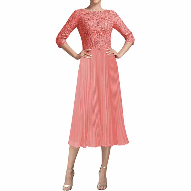 A-line Scoop Tea-Length Chiffon Lace Mother of the Bride Dress