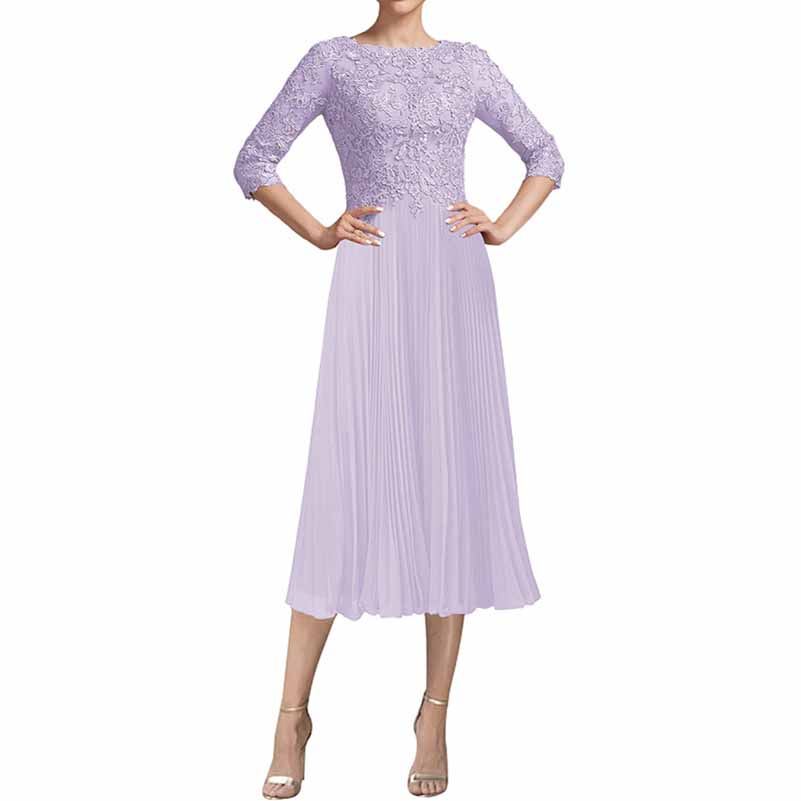 A-line Scoop Tea-Length Chiffon Lace Mother of the Bride Dress