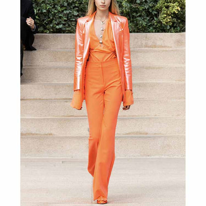 Women's One Button Orange Pantsuit Flare Pants Event Suit Two Pieces Formal Suits