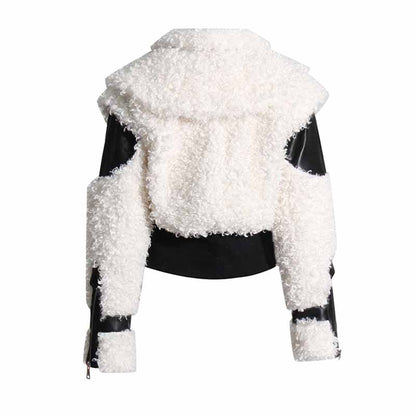 Women's Winter Coat Spliced PU Leather and Lambwoolen Outwaer Coat